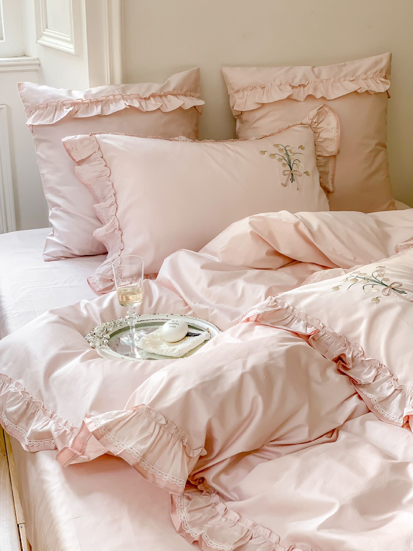 Classical embroidery double-piece natural color fabric with ruffled edges and rounded corners, 100S Australian cotton double-strand Gongbrocade, long-staple cotton four-piece set pic 22