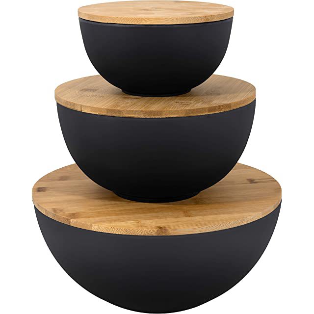 Three sets of bamboo fiber salad bowls, large, medium and small, with bamboo LIDS for fruit and vegetable salad snacks pic 5