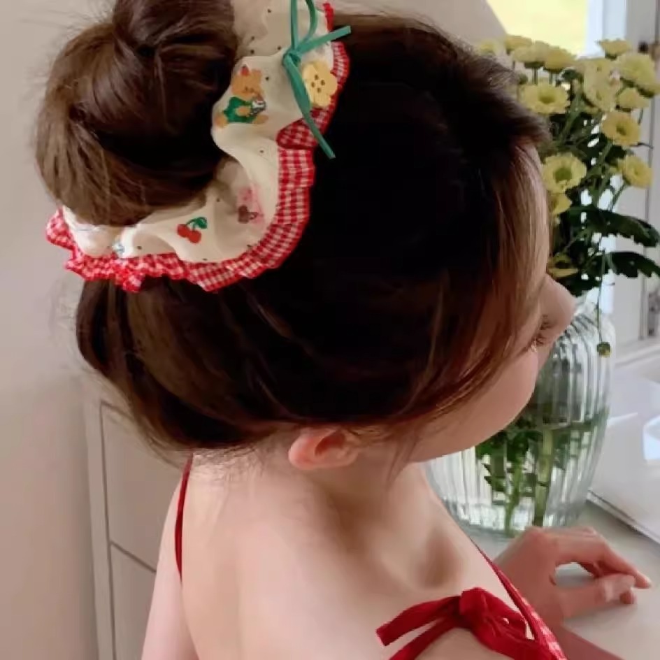 Cute little bear rabbit checkered lace trim large intestine hair band, girlish heart bow, fabric hair tie, leather band hair tie pic 15