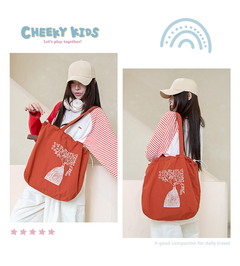 韩版新款百搭日系束口刺绣手提袋日常通勤清新学生大容量托特包女详情5