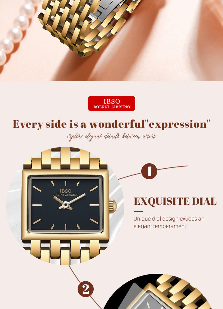 IBSO金色方形石英女表輕奢中古風(fēng)鋼帶腕表時(shí)尚氣質(zhì)款詳情3