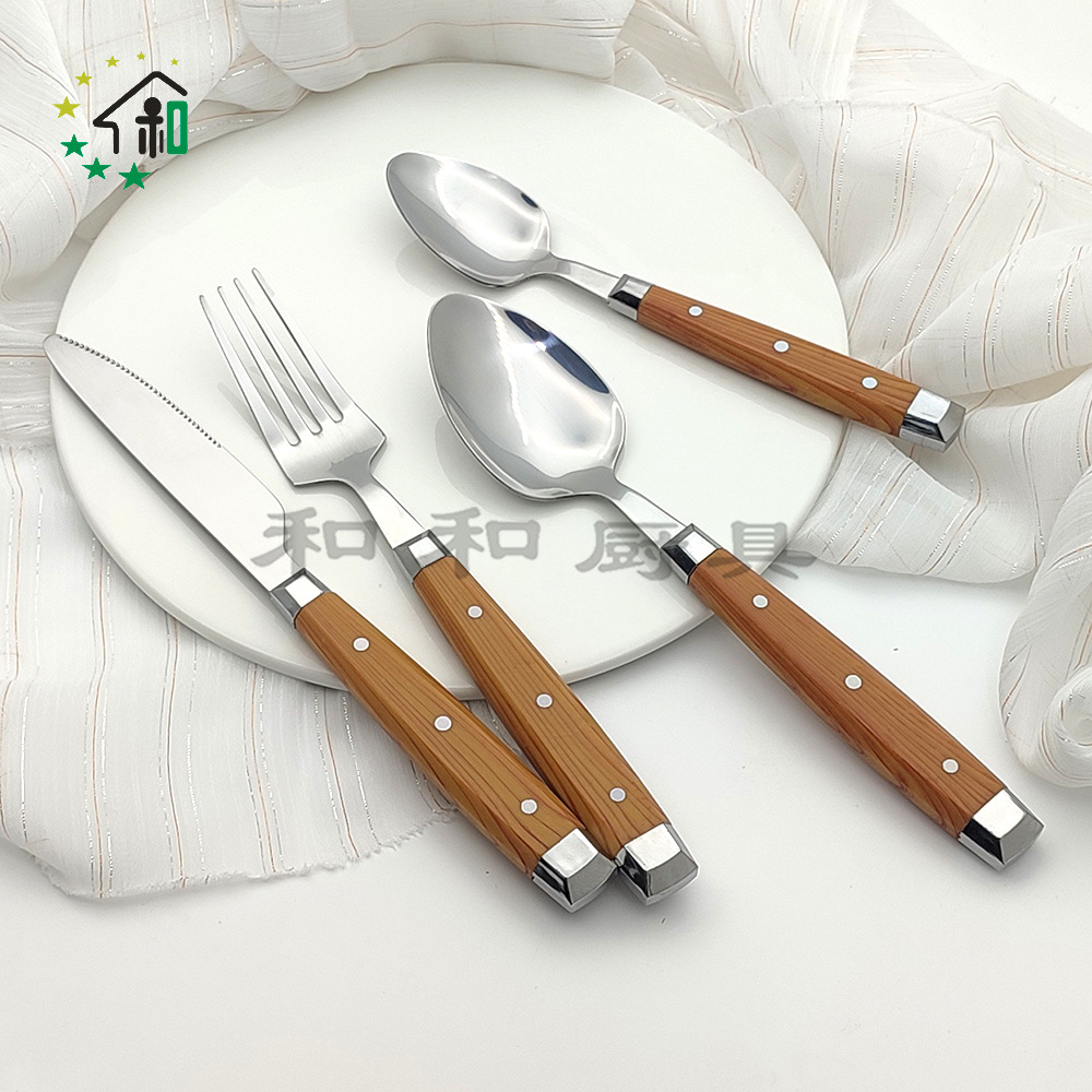 亚马逊跨境不锈钢餐具防木纹牛排刀叉勺16件套酒店西餐具礼盒套装详情9