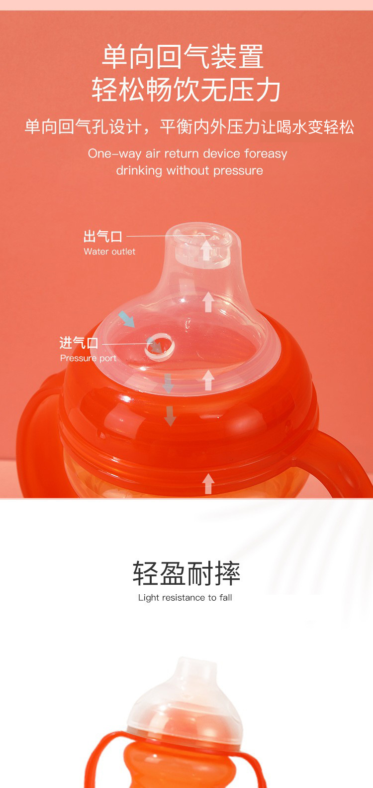 超宽口PP婴儿宝宝鸭嘴杯防漏防呛儿童直饮学饮杯带手柄训ll杯水壶详情6