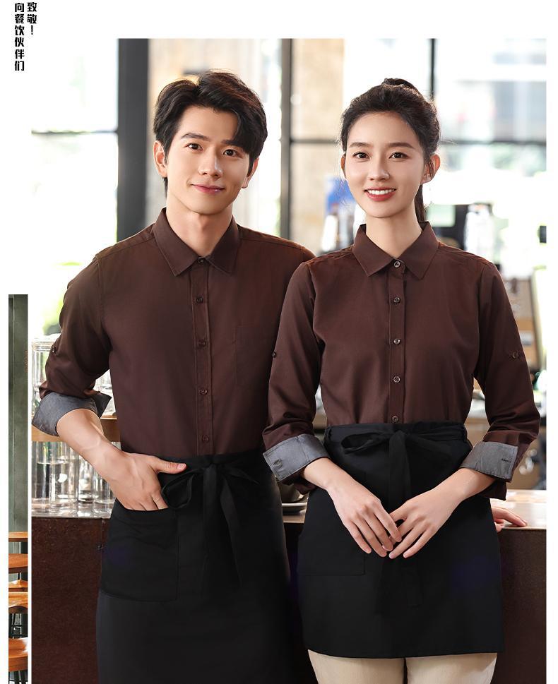 蓝色服务员工作服长袖衬衣套装餐饮奶茶咖啡店员工工装衬衫女定制详情34