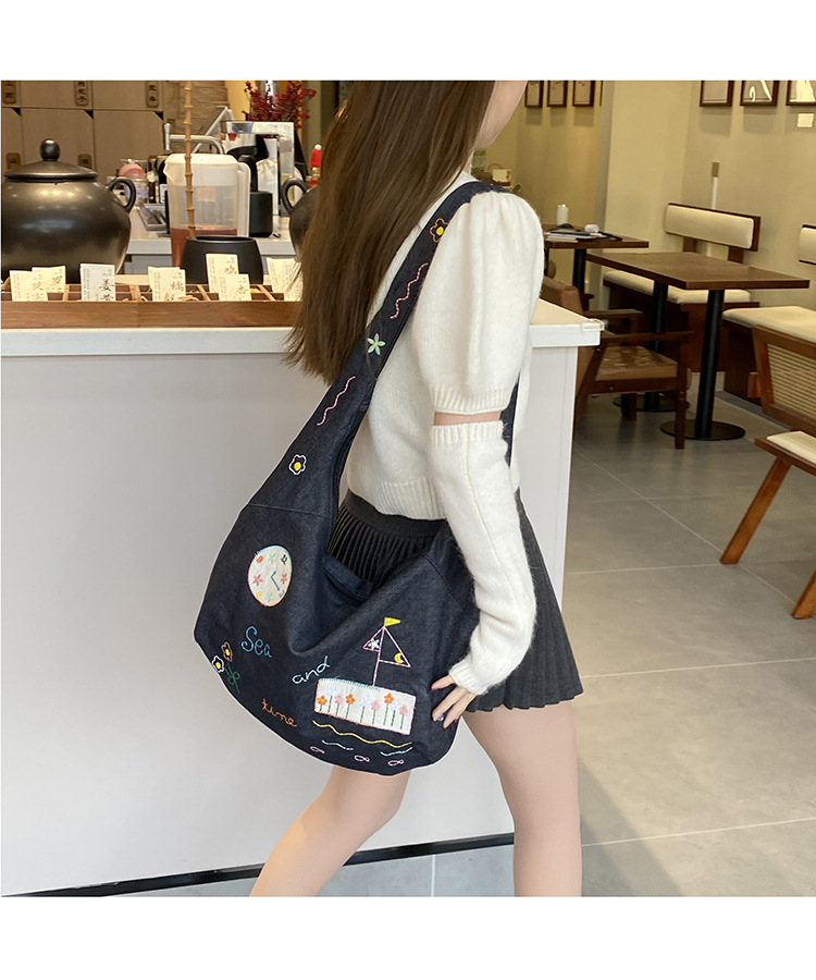 ins新款小插画牛仔斜挎包包女百搭大容量单肩包袋口拉链学生书包详情17