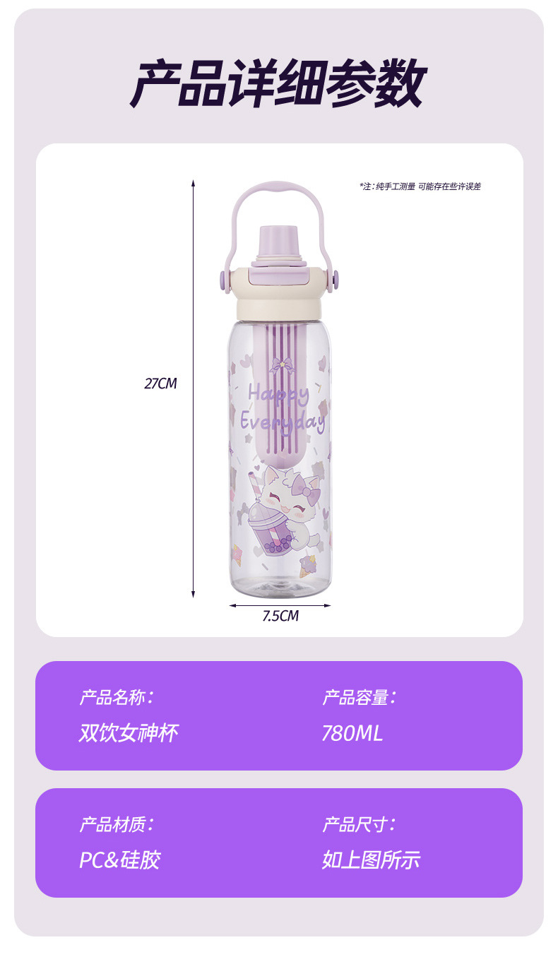 新款卡通水杯大容量耐高温轻奢高颜值塑料杯双饮茶水分离运动杯子详情1