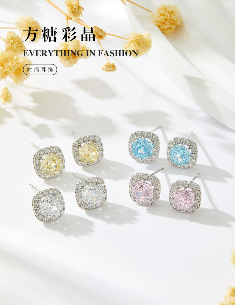 Heavy industry square micro-inlaid rose-cut ear studs, refreshing ice blue s925 silver needle, light luxury and high-end feel, bestseller and versatile earrings pic 8