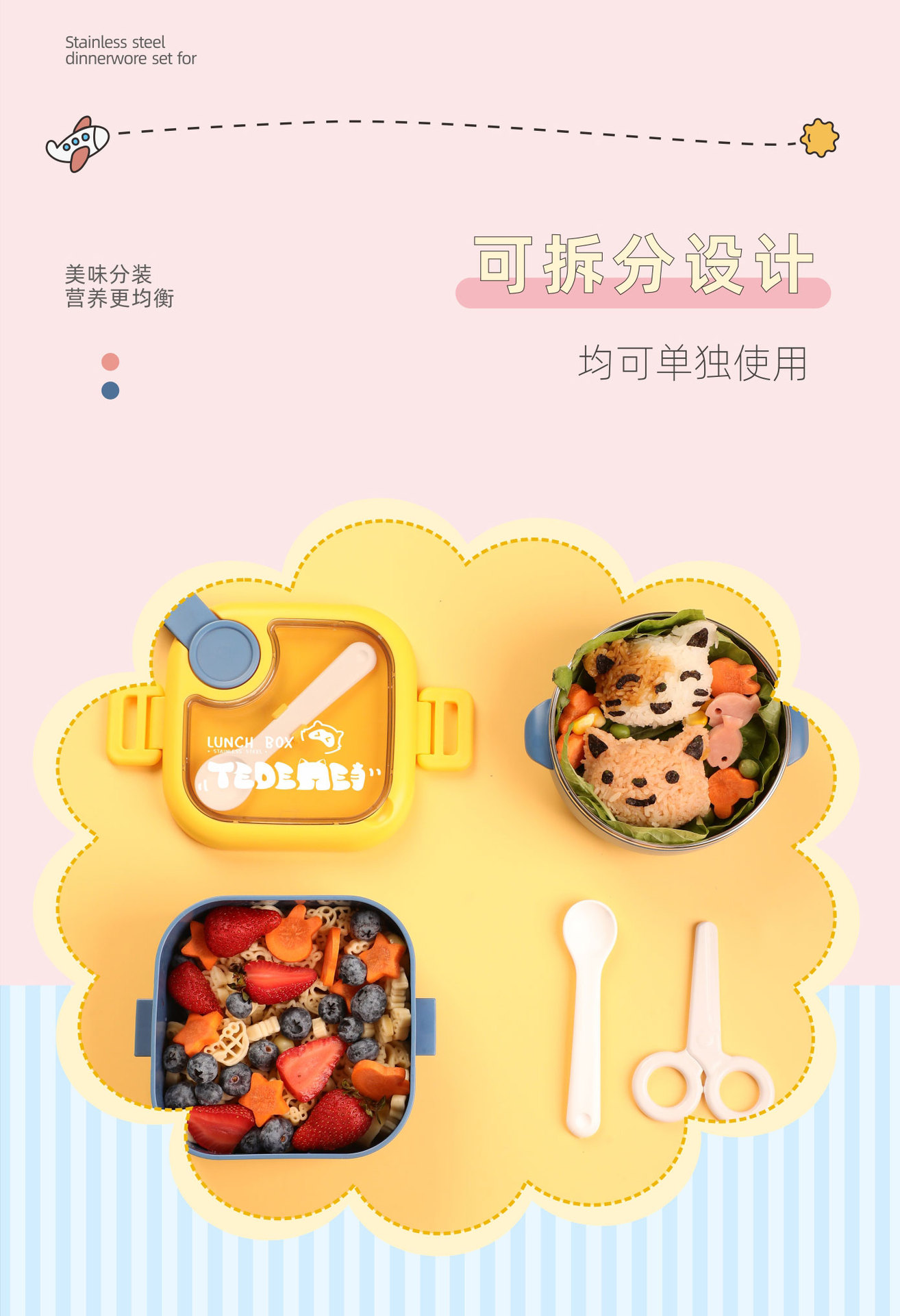 抖音一件代发辅食碗304不锈钢PP宝宝碗可爱婴儿儿童便携餐具套装详情4