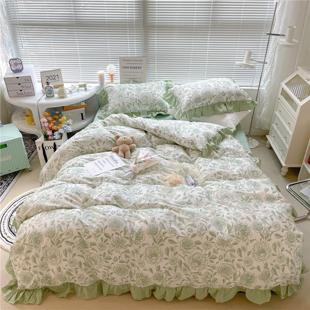 French Hepburn style pure cotton four-piece set, high-end feel, pure cotton black and white sketch flower duvet cover, all-cotton edge bedding pic 60