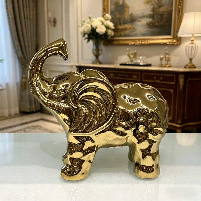 Light luxury and minimalist golden elephant figurine, ceramic elephant, living room entrance, model room, soft decoration handicraft pic 4