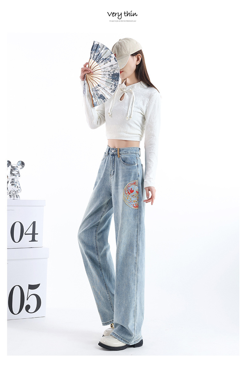 高腰窄版阔腿牛仔裤女春夏季新款新中式国风刺绣九分百搭直筒裤子详情14