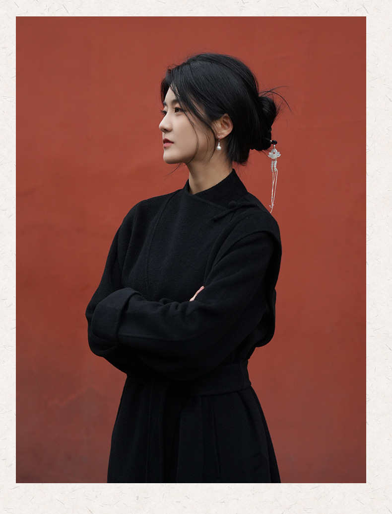 2025 New Chinese-style Australian wool Double-sided cashmere Chinese-style coat for women, mid-length black woolen wool coat with buttons pic 10