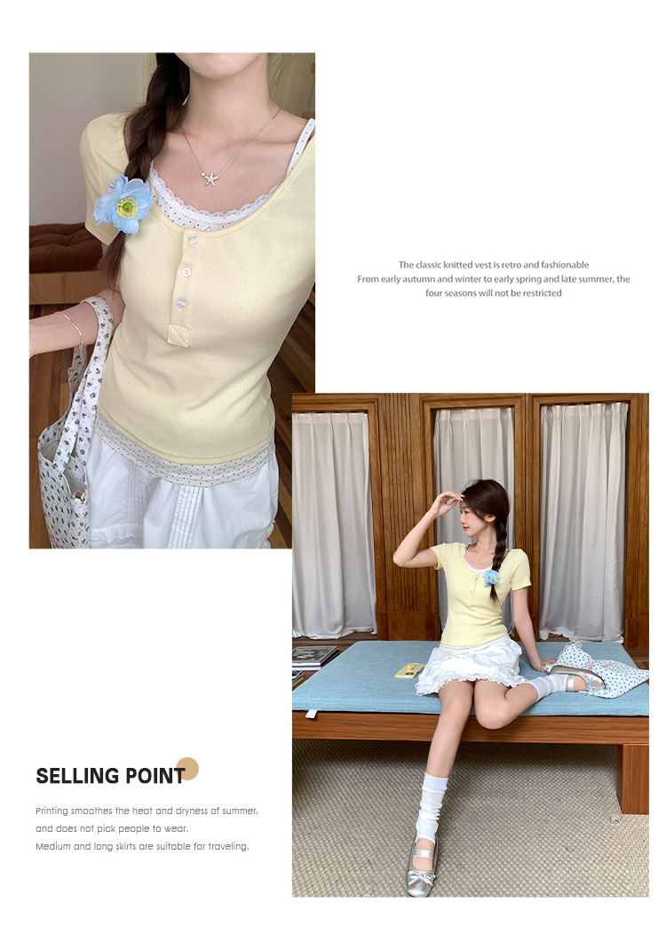 奶黄色假两件碎花短袖t恤女装2025夏季新款甜美气质修身显瘦上衣详情11