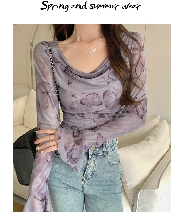 实拍纯欲防晒网纱T恤2024早秋季新款纯欲褶皱不规则气质性感上衣详情2