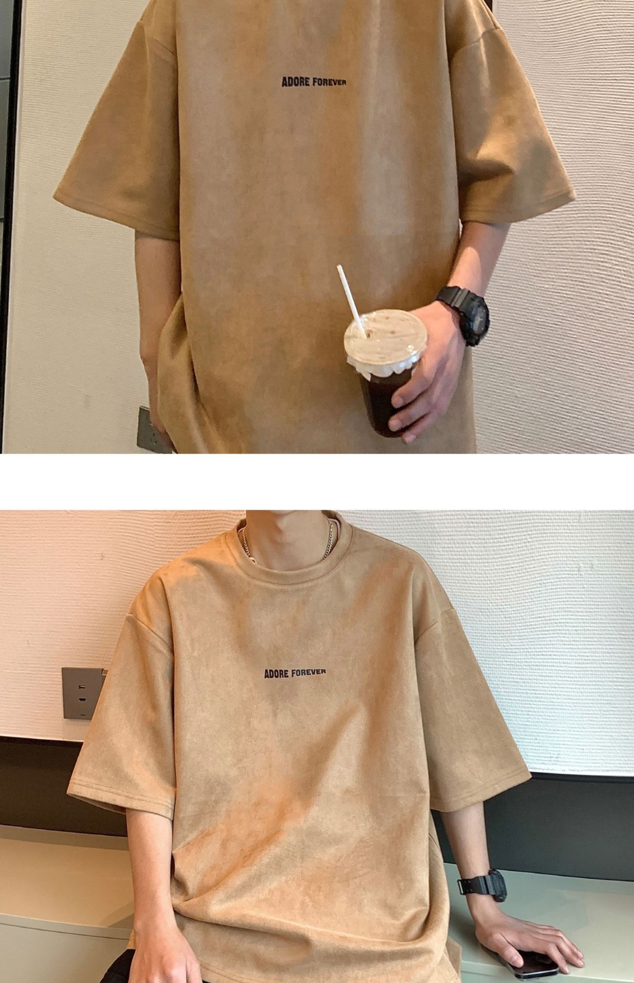 Avocado Green 320g heavyweight T-shirt for men, American retro suede short-sleeved, oversized small collar, three-quarter sleeve pic 42