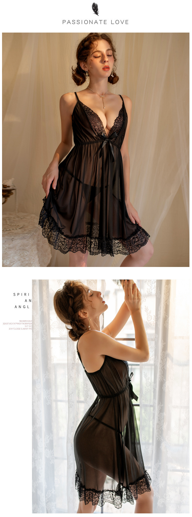 YANNI lingerie, solid color halter dress, sexy nightgown, lace embroidered home pajamas, nightclub temptation pic 2