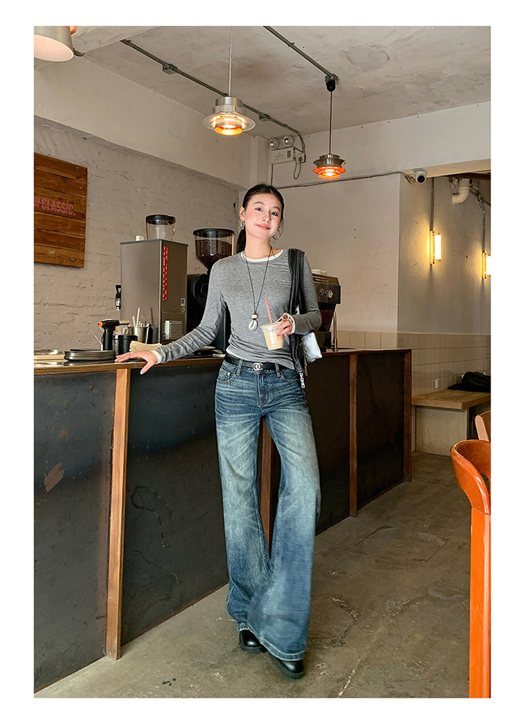 【今茵】新款美式复古水洗做旧中低腰无弹微宽松喇叭拖地牛仔裤女详情20