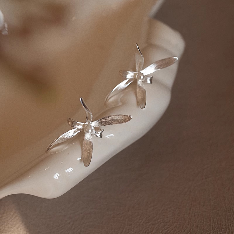 925 sterling silver Shi Family Pearl Orchid Stud earrings for women, simple new Chinese style design, artistic and sweet flower earrings 8705A pic 6