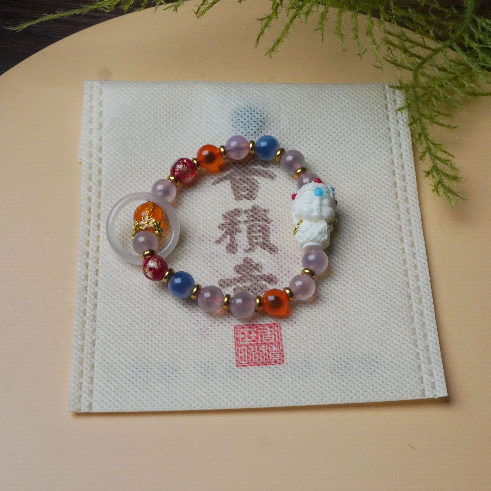 寺庙同款半糖玛瑙白度母手链串珠女金箔古法琉璃手串文玩饰品配饰详情8