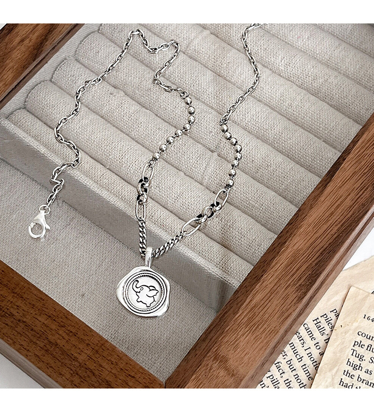 S925纯银复古圆牌小象图章项链女韩风高雅感毛衣链小众饰品精品详情10