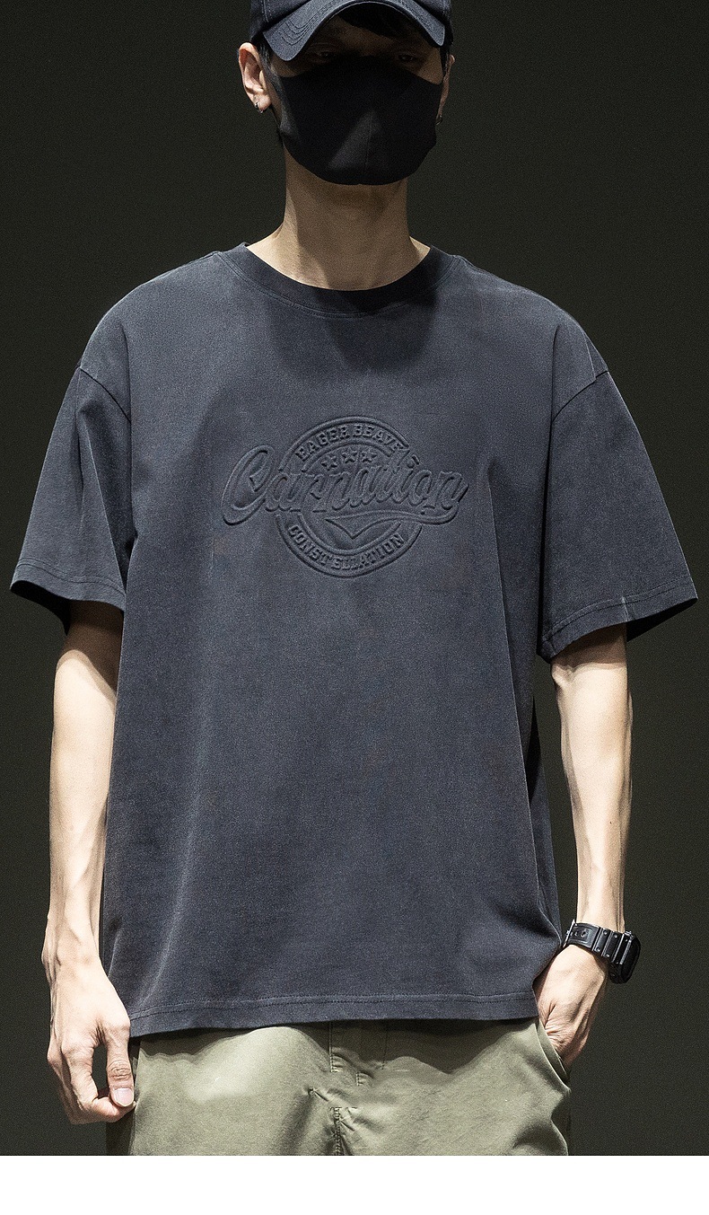 American trend round-neck T-shirt for men, summer new style, steel stamp pattern, loose, large-sized, pure cotton, comfortable and casual short-sleeved pic 1