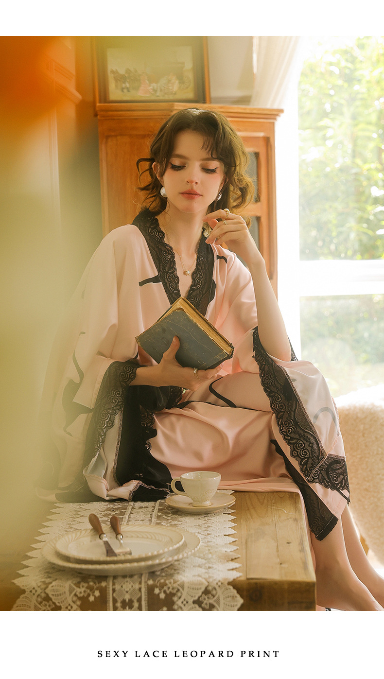 Feiyun retro leopard print lace patchwork sexy long bathrobe Pink silk lace-up Home gown 943 pic 11