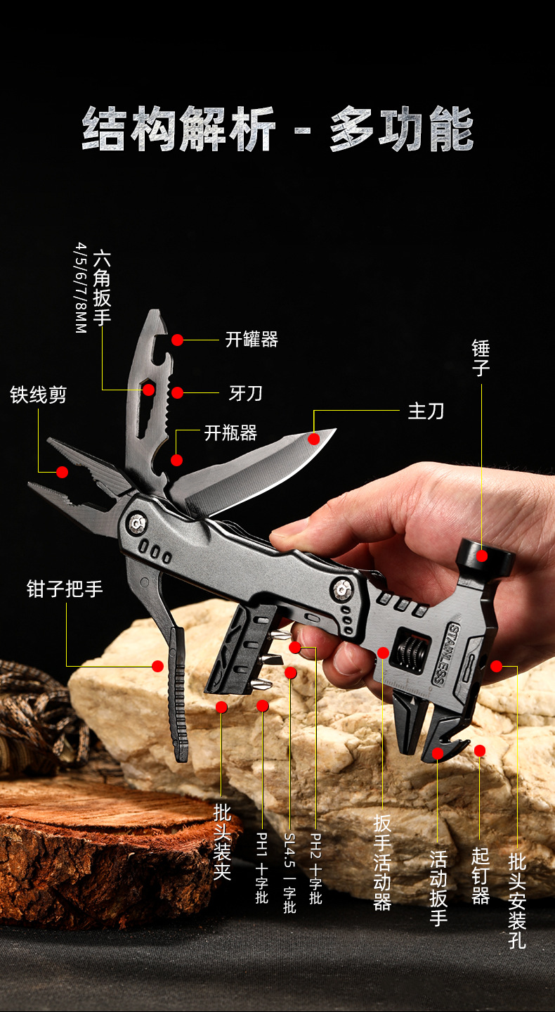Wholesale outdoor multi-functional EDC knife pliers combination tools, folding hammers, adjustable wrenches, universal hardware tools, knife pliers pic 6