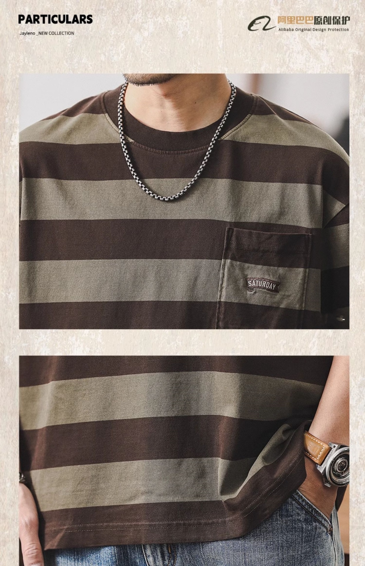 32支双纱平纹纯棉T恤男短袖夏季美式复古重磅宽松大码条纹男体恤详情19