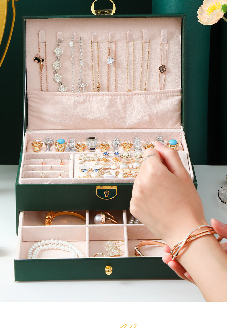 Chenyang Jewelry Box, diamond-shaped leather single and double layer retro storage stud necklace, ring bracelet and jewelry box pic 10