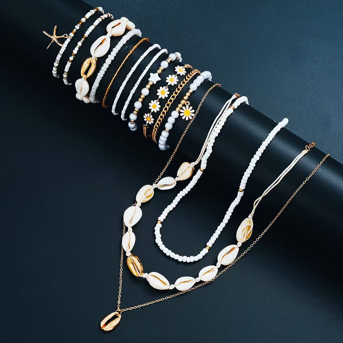 欧美跨境沙滩贝壳时尚风饰品银白米珠贝壳七件套脚链沙滩简约风详情5