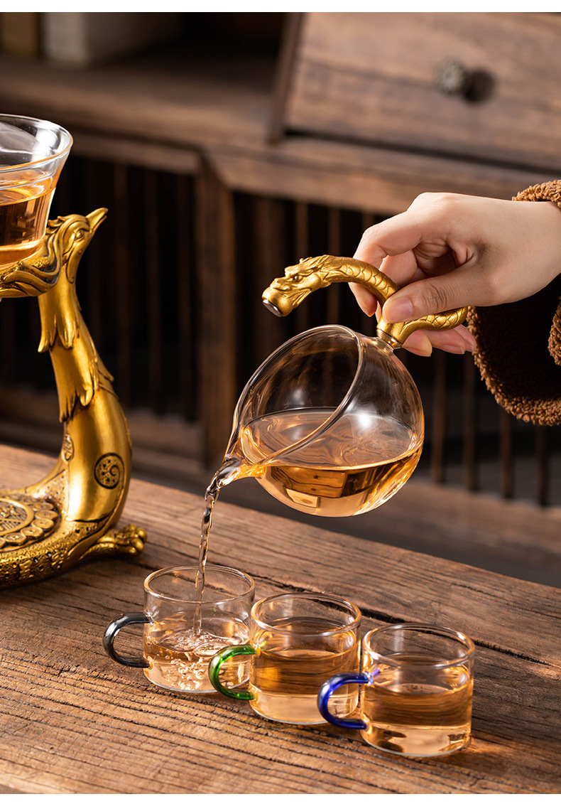Dragon and Phoenix Presenting Auspiciousness Palace Light Bulb Teapot Semi-automatic Glass Lazy Person Tea Maker Household Magnetic Teapot Tea Maker Set pic 12