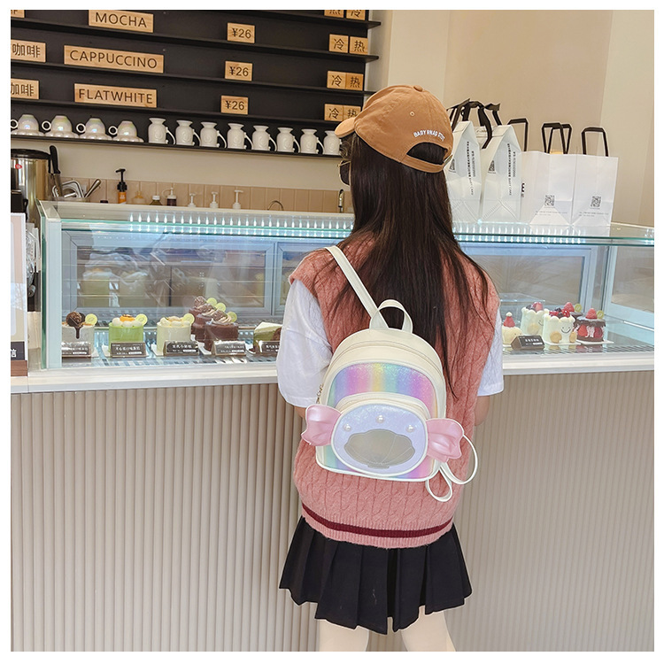 Rainbow gradient sequin backpack, pearl shell pattern, pink bow, outdoor hiking canvas schoolbag, lightweight and durable pic 36