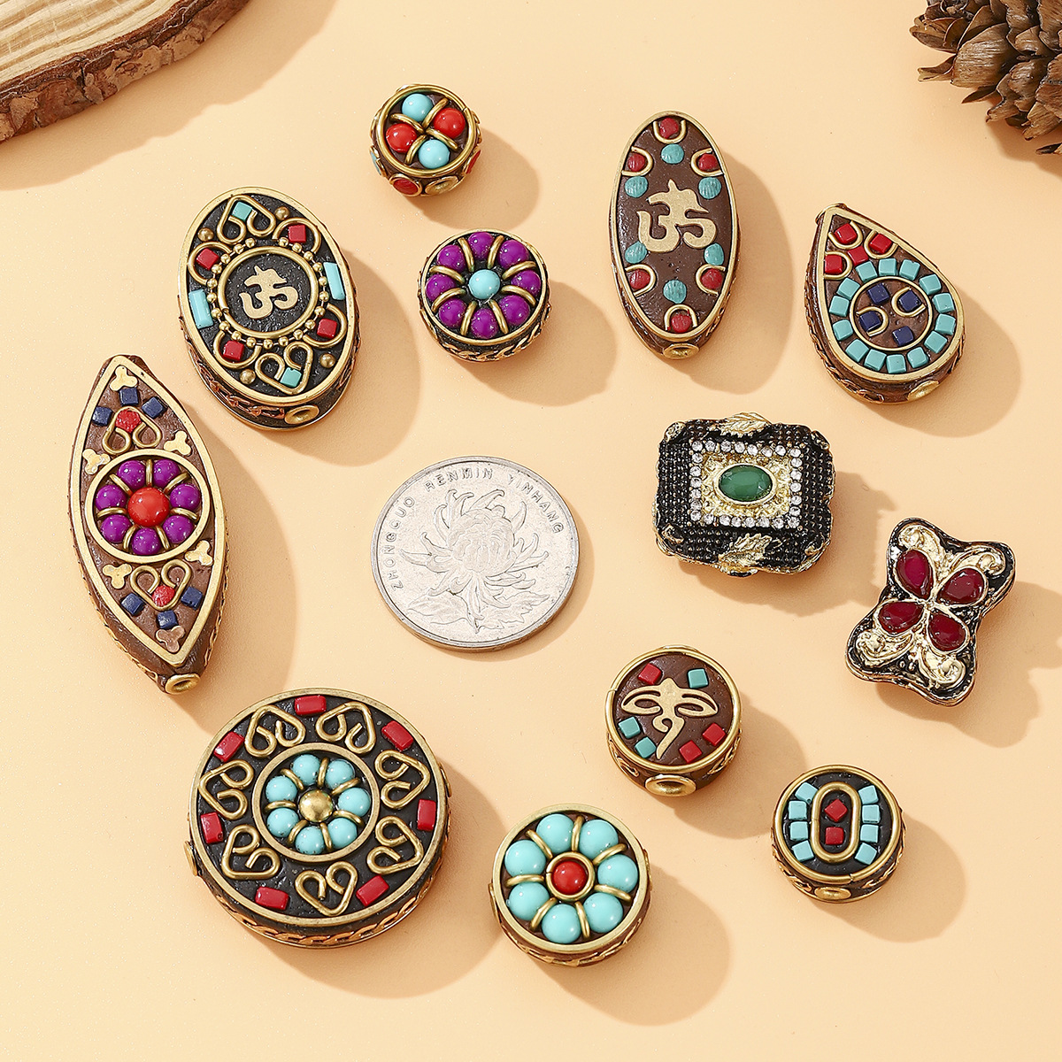 Retro Tibetan-style Nepalese barrel beads inlaid with red and blue agate DIY handcrafted jewelry accessories, bead divider waist beads pic 6