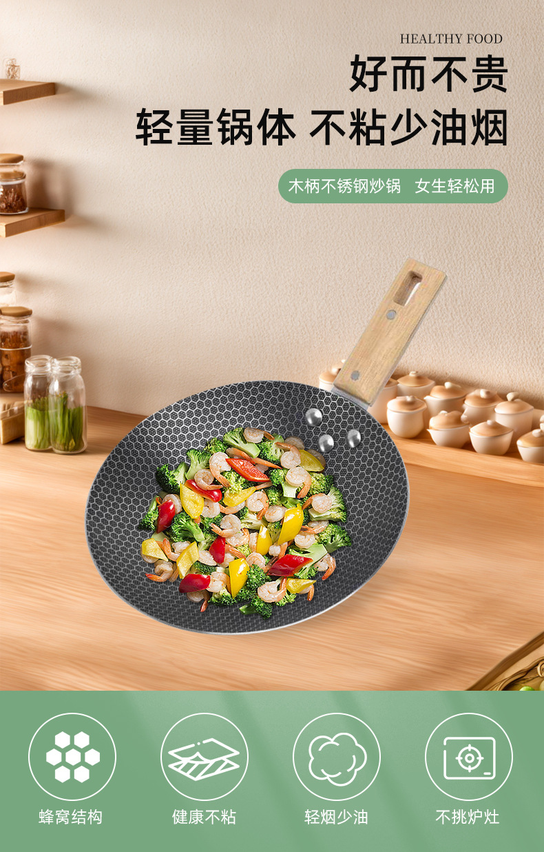 不粘锅煎饼锅炒菜锅家用厨房304不锈钢蜂窝底防粘木柄小炒锅批发详情1