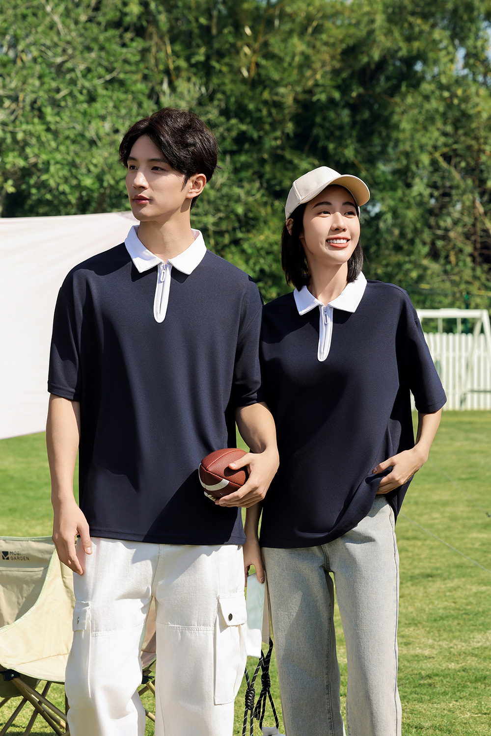 半拉链撞色polo衫工作服定制落肩翻领短袖刺绣学院风个性班服印字详情33
