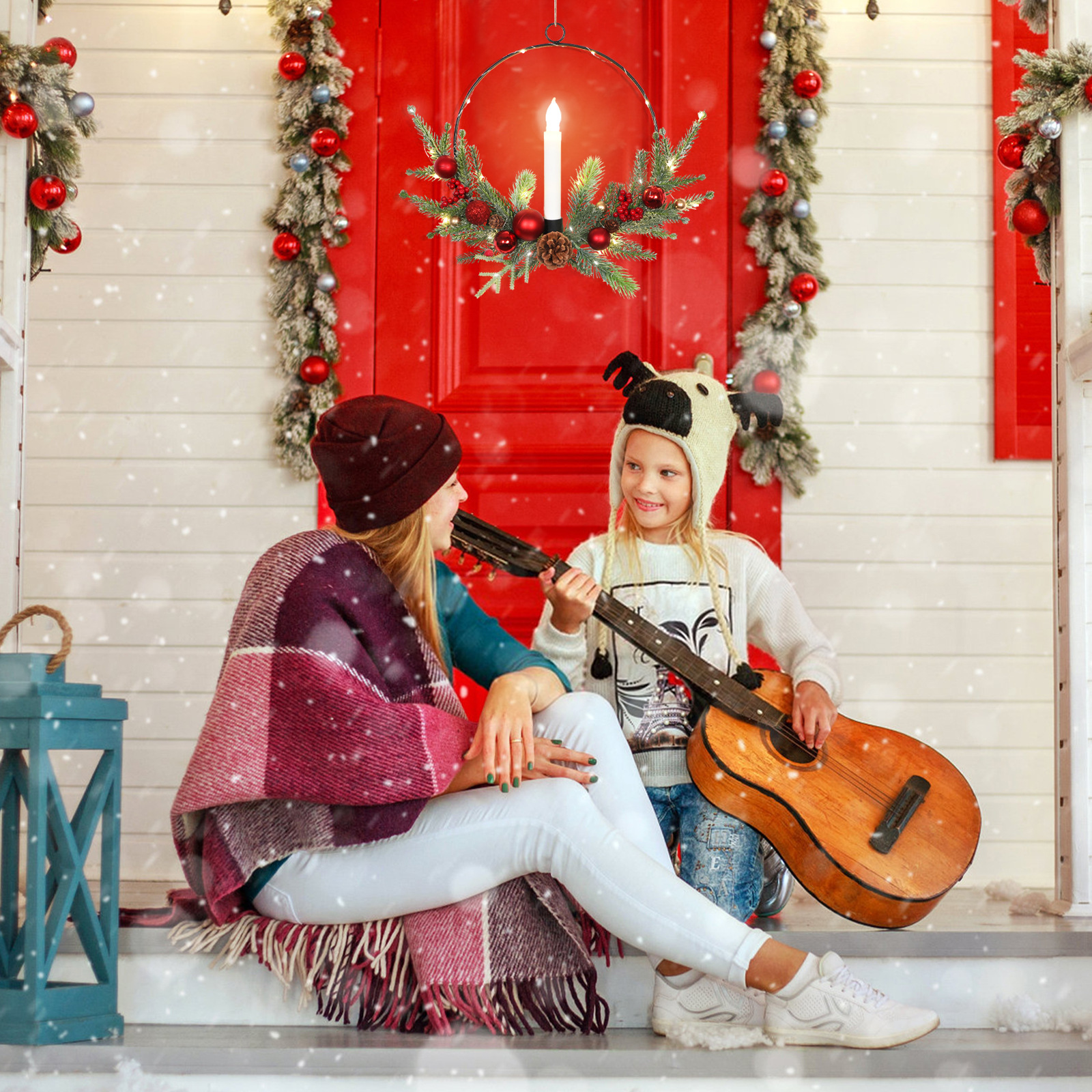 跨境圣诞节烛台花环仿真松针带松果门挂墙饰家居节庆气氛布置壁挂详情6
