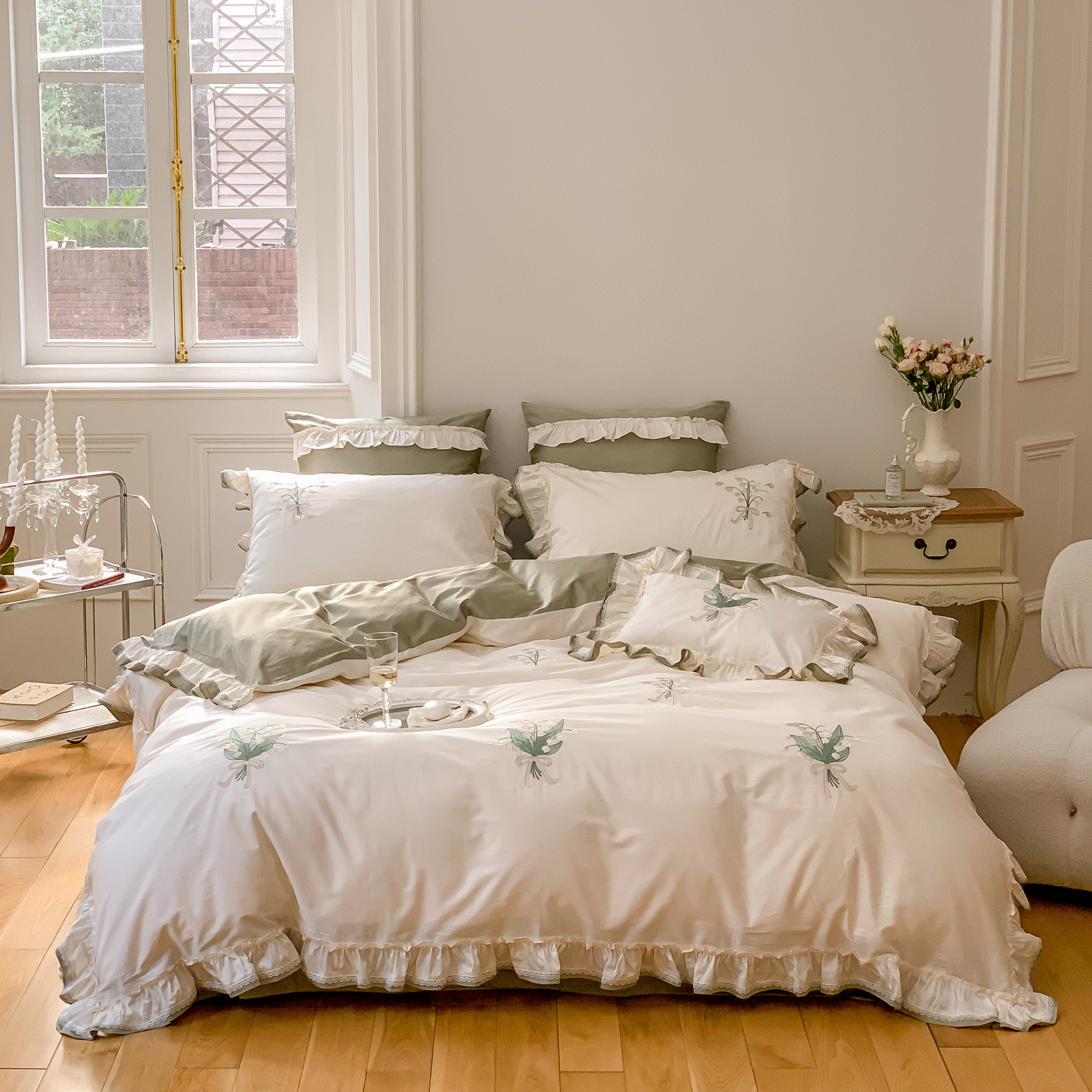 Classical embroidery double-piece natural color fabric with ruffled edges and rounded corners, 100S Australian cotton double-strand Gongbrocade, long-staple cotton four-piece set pic 4