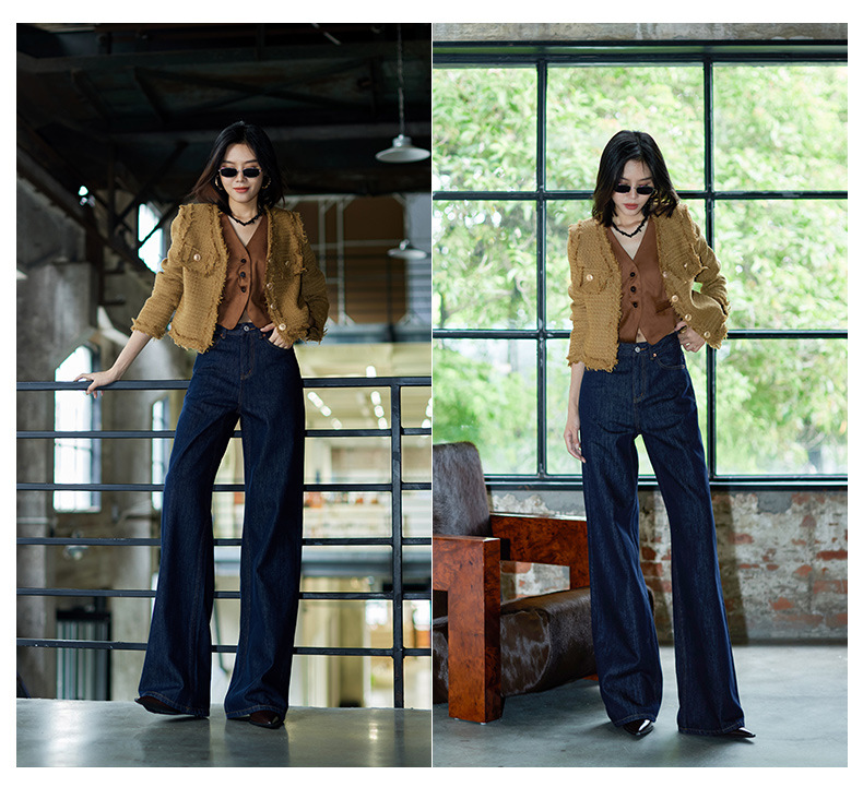 高腰阔腿牛仔裤女 法式松弛感/原色丹宁复古宽松大直筒拖地裤秋冬详情23