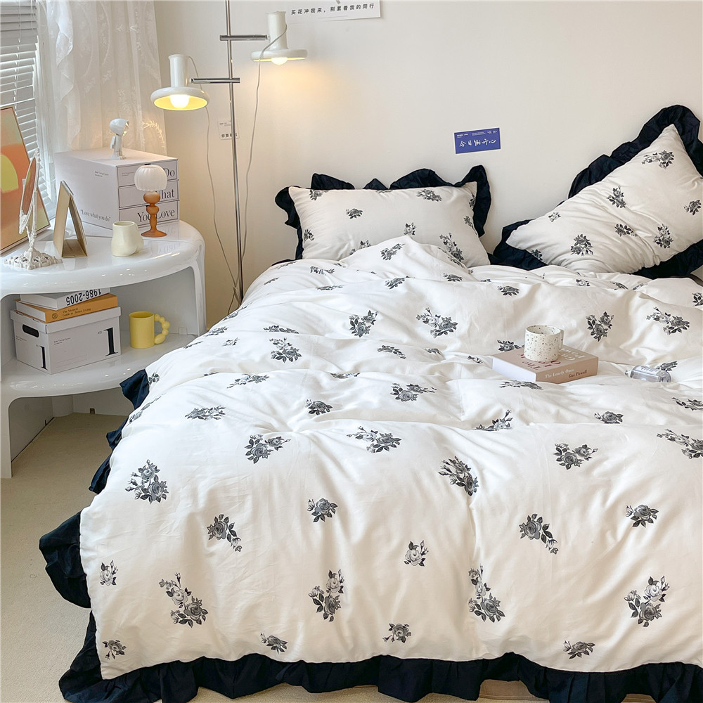 French Hepburn style pure cotton four-piece set, high-end feel, pure cotton black and white sketch flower duvet cover, all-cotton edge bedding pic 41