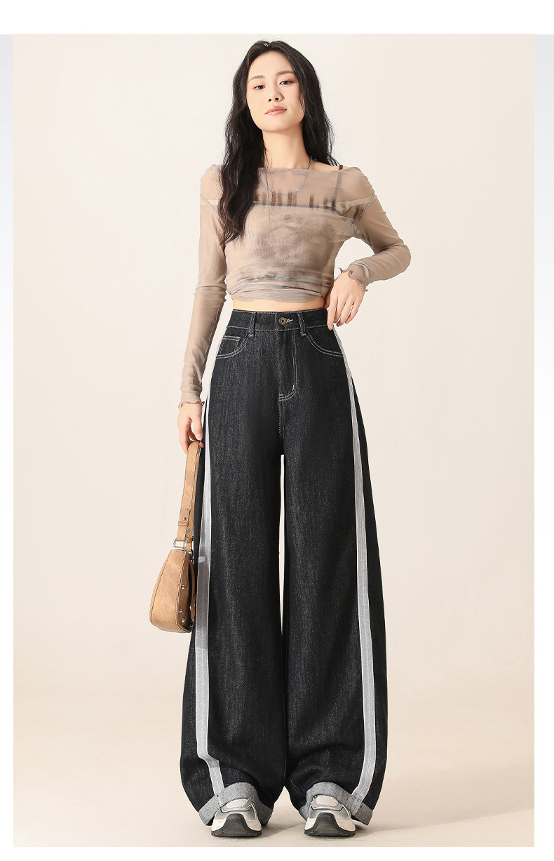 Denim wide-leg jeans for women, Spring 2025 new style, color-blocking and patchwork high-waisted loose straight-leg floor-length pants pic 26
