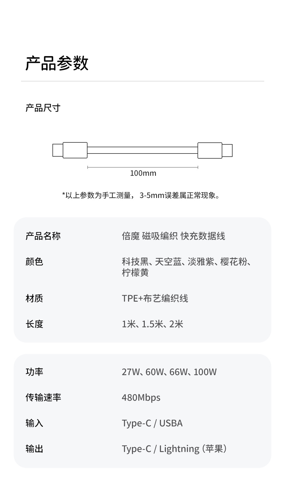 倍魔磁吸数据线超级快充数据线双口编织type-C适用于苹果华为平板详情9