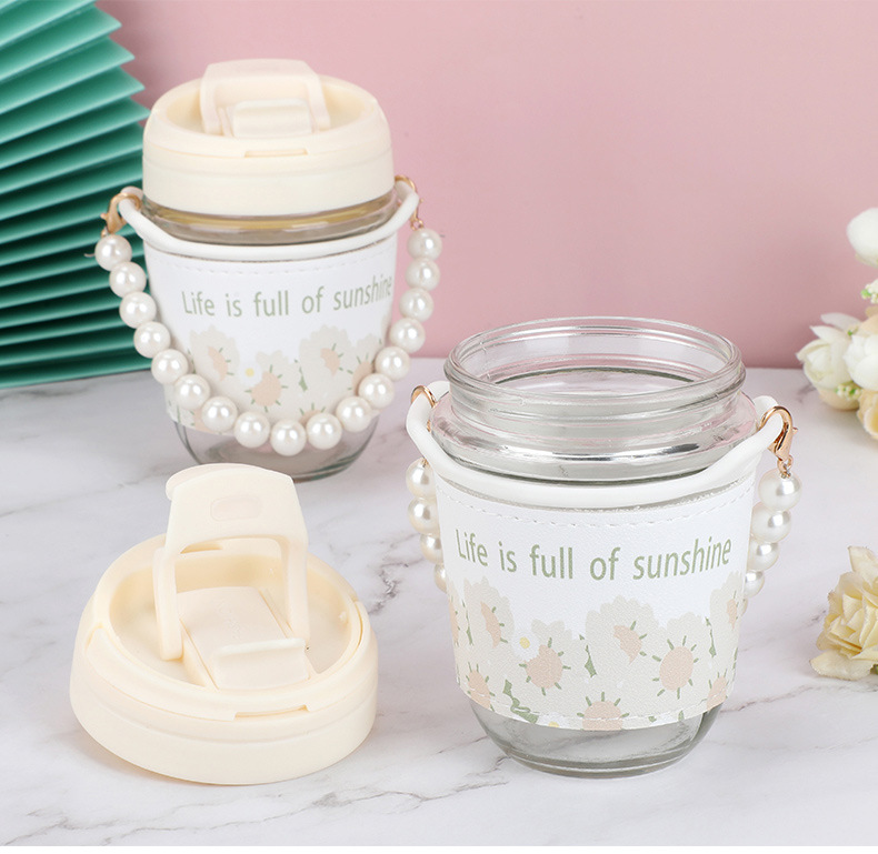 High appearance level glass water cup for girls and students, fresh and cute double-drinking cup, pearl ins style portable coffee cup pic 2
