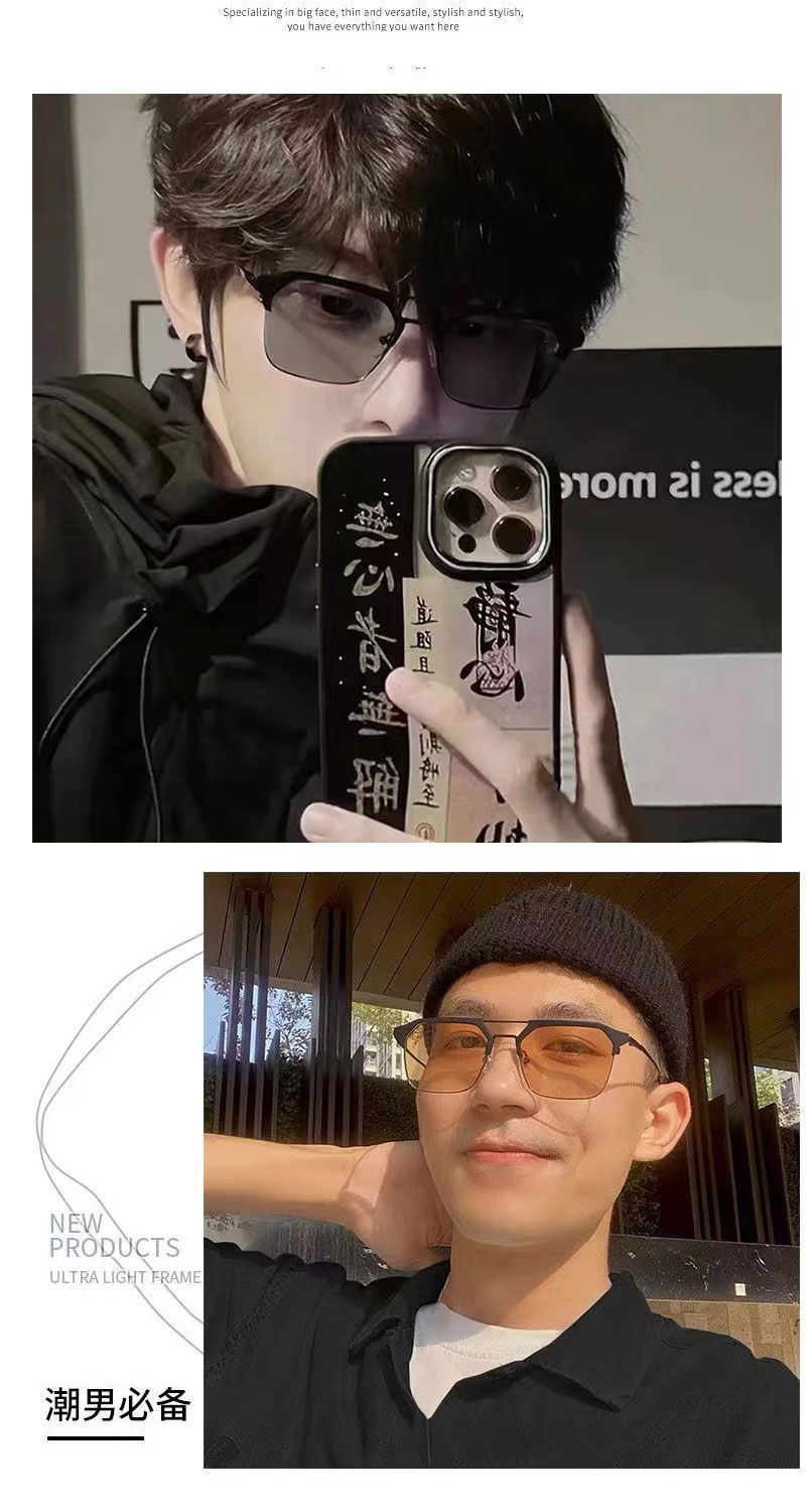 新款复古双梁男款大框防蓝光变色眼镜自动感光变色成品近视眼镜框详情6