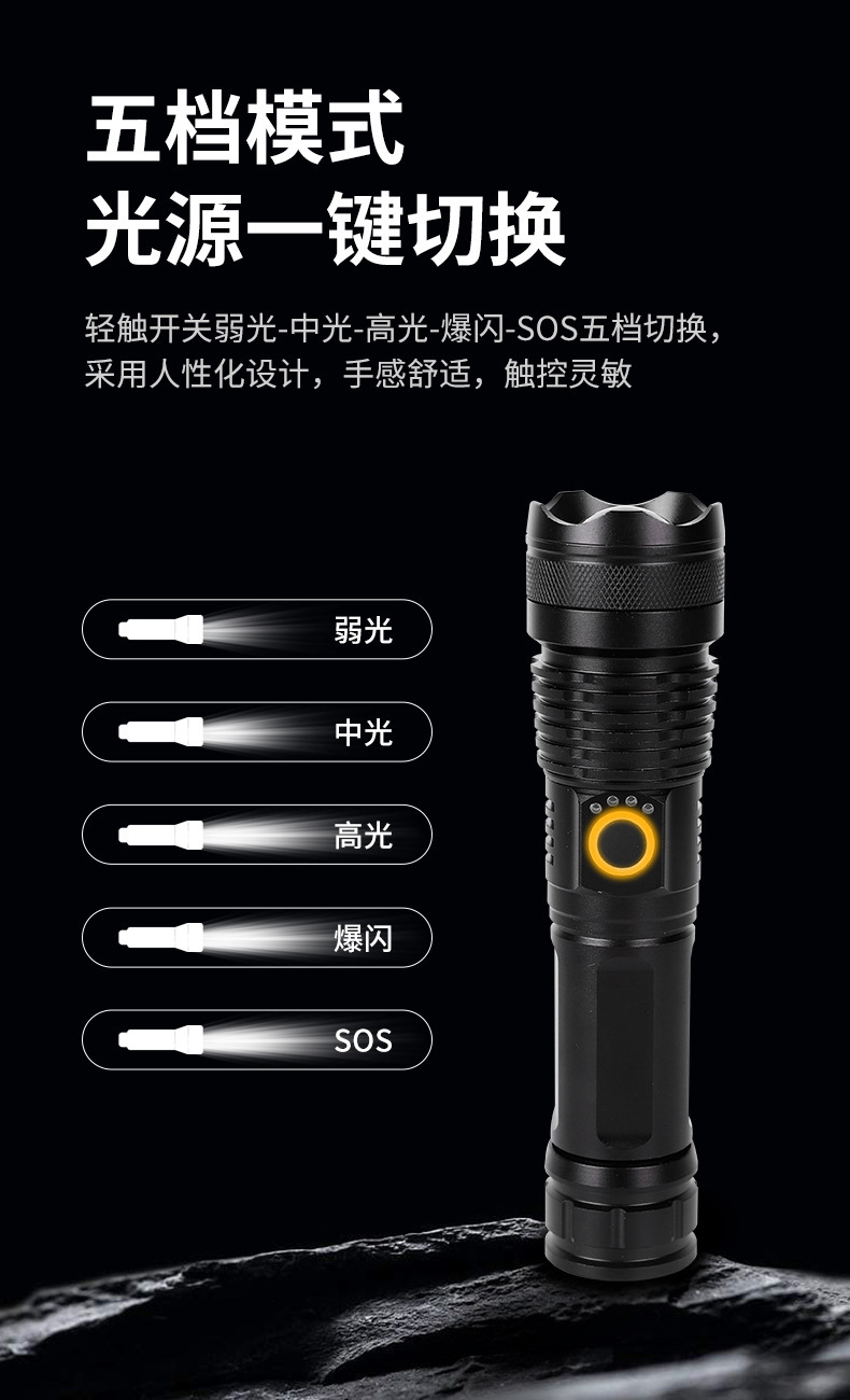 跨境新款P50强光户外充电便携手电筒多功能铝合金超亮远射手电筒详情6