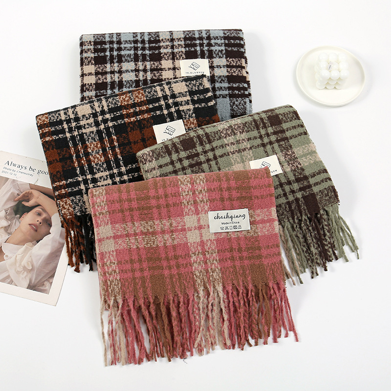 新款直播爆款甜美百搭粉色格子软糯学生格子围巾冬季保暖流苏披肩详情2