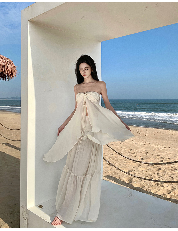 海边度假裙套装纯欲在逃公主超仙露背吊带裙+褶皱大摆半身裙仙女详情4