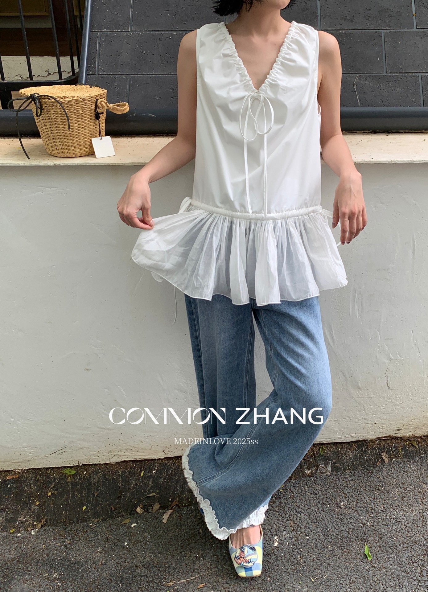 CZ ZHANG Summer French mint Manbo V-neck lace-up Youthful A-line puffed vest dress for women, B23782 pic 27