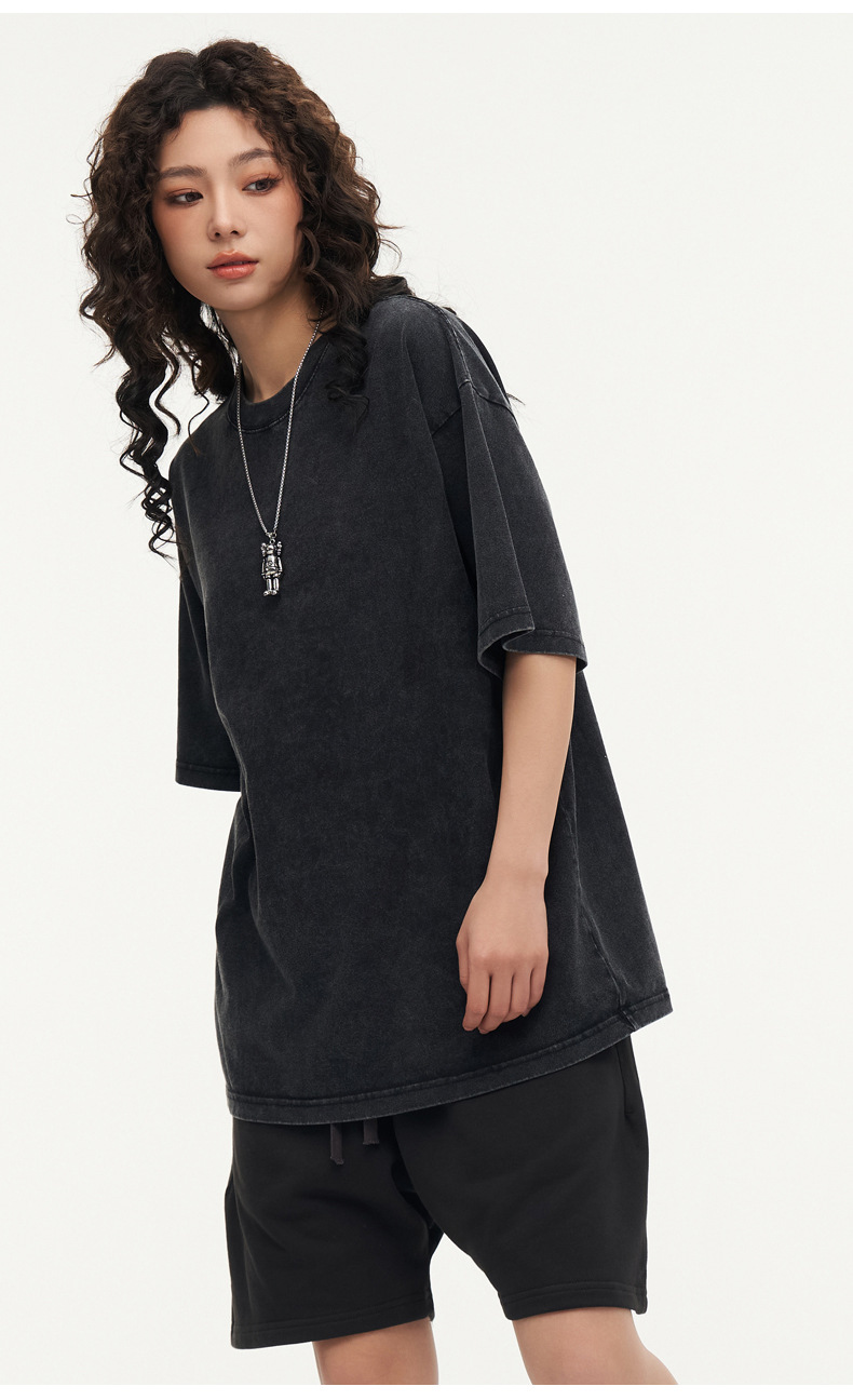 男士T恤230克酸洗炒雪花宽松做旧复古水洗短袖男纯棉t恤落肩欧码详情20