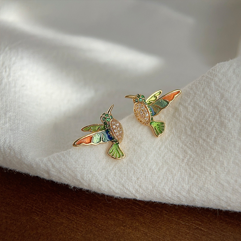 Light luxury style colored enamel drop glaze hummingbird 14K ear studs slightly inlaid zircon three-dimensional bird dynamic and high-end earrings pic 5