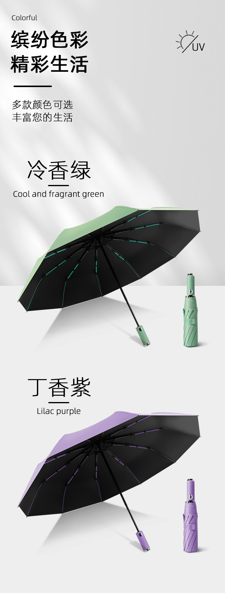 厂家批发全自动三折十骨三纤黑胶灯光防晒伞晴雨两用防紫外线雨伞详情15